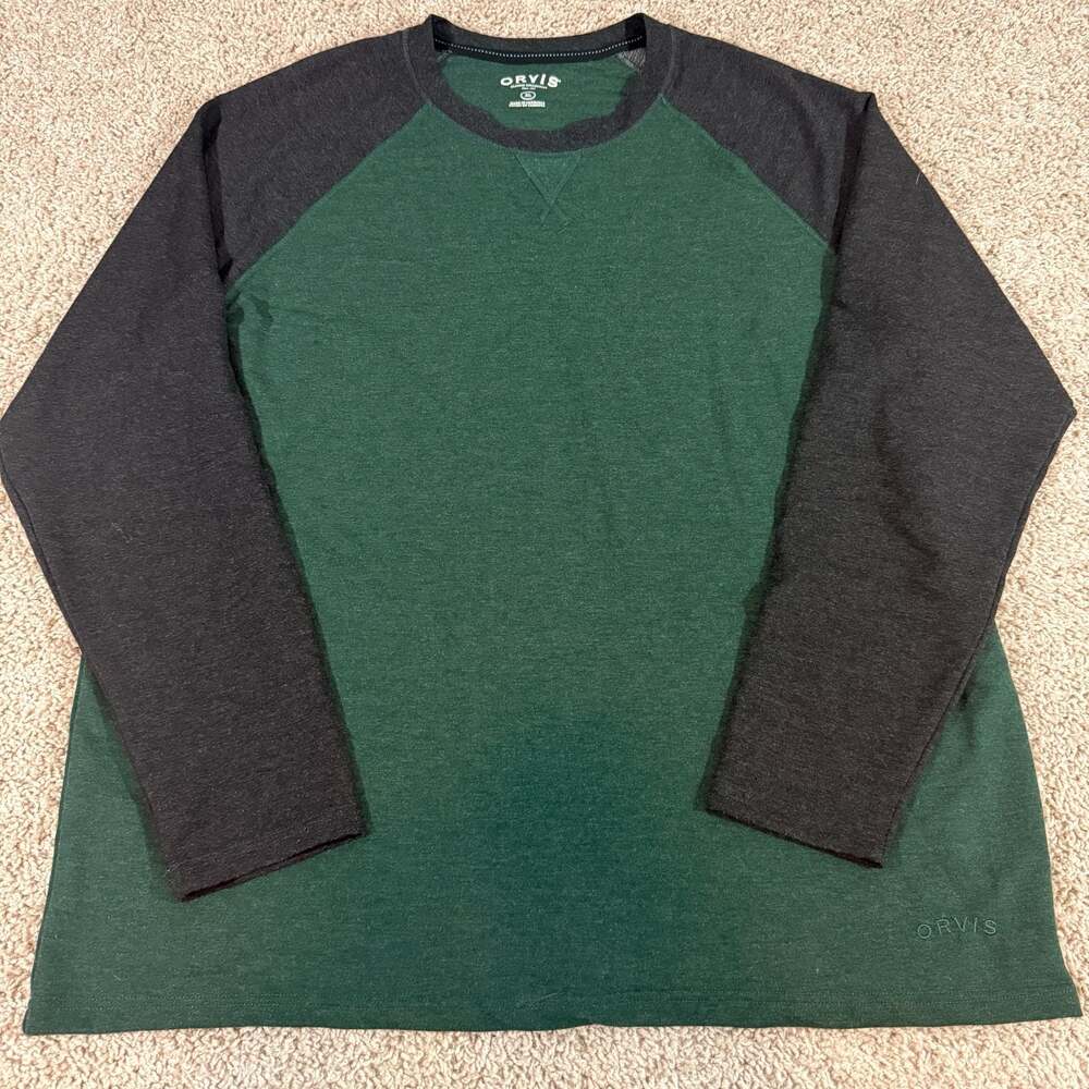 Orvis Long Sleeve Raglan Shirt Mens XL Green Gray Stretch Casual Outdoor Tee